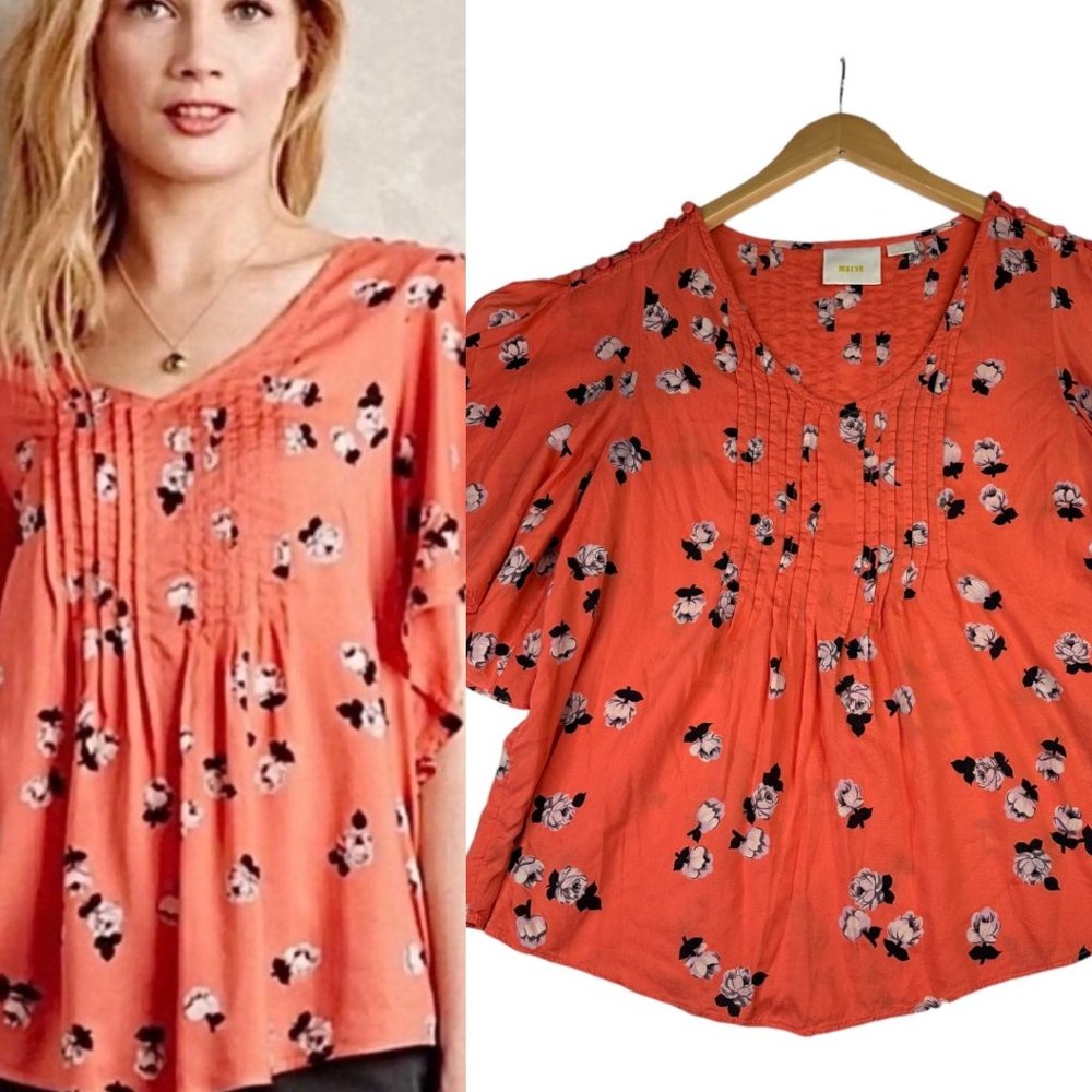 Anthropologie Maeve Floral Pint Rayon Blouse sz 0 Orange